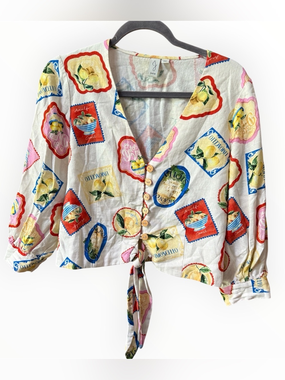 Joie Multi-Color Lemon Stamp Print Tie-Front Blouse European Italian linen blend